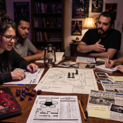 Mesa de RPG de horror investigativo com jogadores, dados, fichas, pistas e livro de Ordem Paranormal.