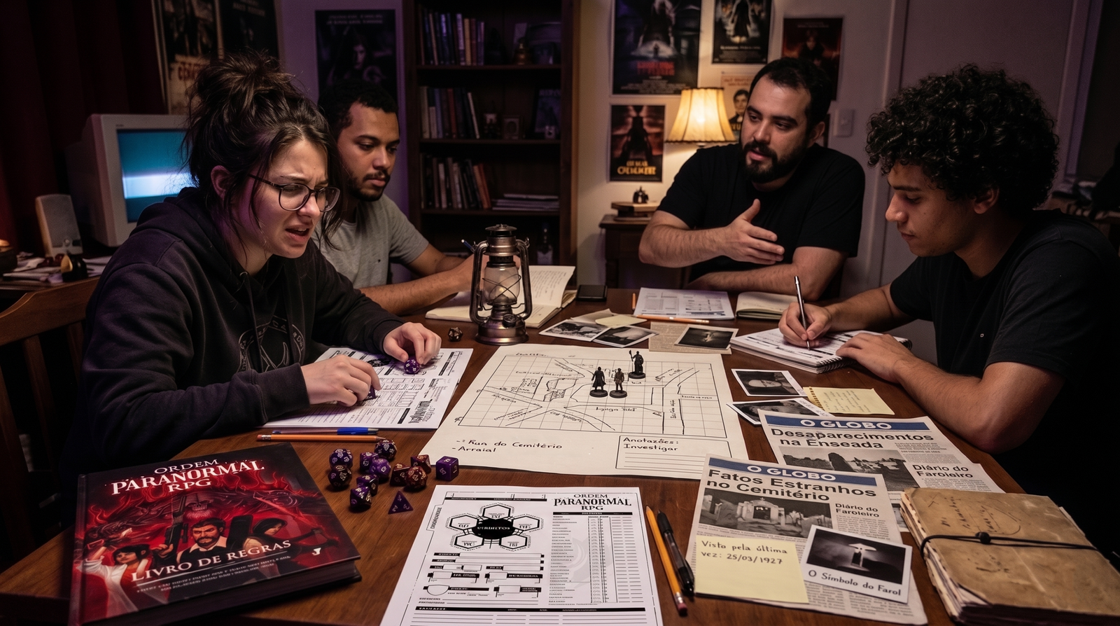Mesa de RPG de horror investigativo com jogadores, dados, fichas, pistas e livro de Ordem Paranormal.