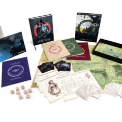 Livros, regras, dados e mapas do RPG oficial de Senhor dos Anéis