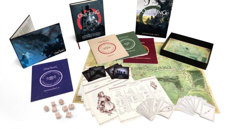 Livros, regras, dados e mapas do RPG oficial de Senhor dos Anéis