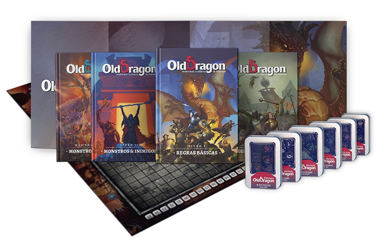 Coleção de livros e acessórios do RPG brasileiro Old Dragon 2ª Edição usados em campanhas de fantasia.