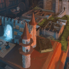 Cenário tridimensional de castelo e masmorra usado para representar ferramentas digitais do D&D Beyond