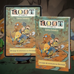 Livro físico e versão digital de Root - O RPG diante de personagens do Arvoredo