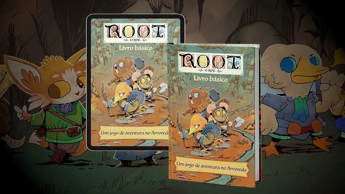 Livro físico e versão digital de Root - O RPG diante de personagens do Arvoredo
