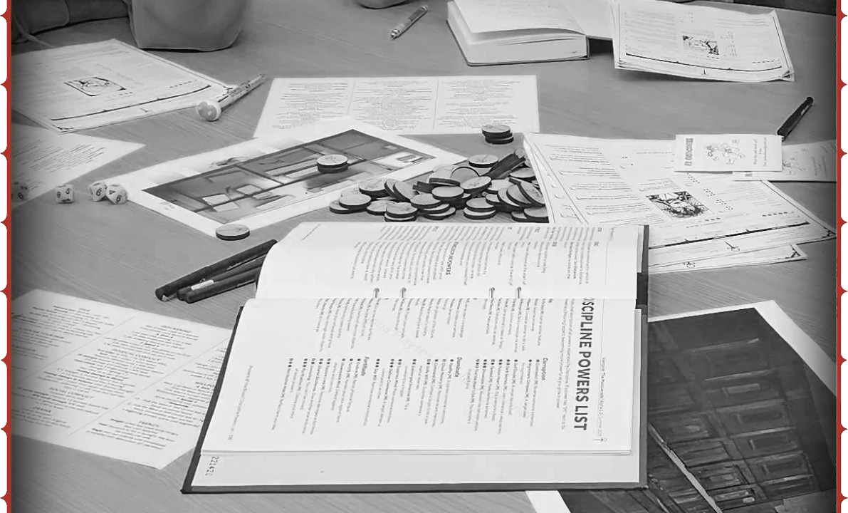 Mesa de playtest de Vampiro 6 com livros, fichas, dados e marcadores
