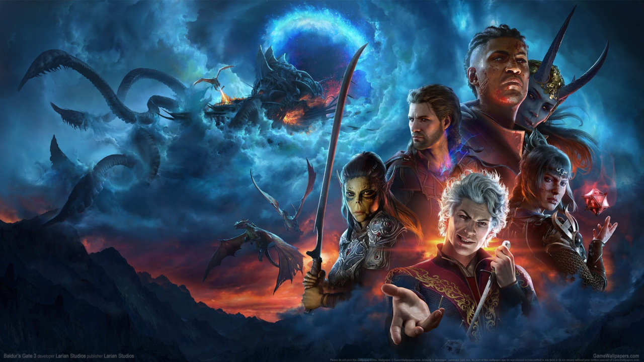 Astarion, Shadowheart, Lae’zel, Gale e Wyll diante de ameaças de Baldur’s Gate 3
