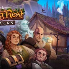 Personagens de Dungeons & Dragons diante da taverna de Long Rest Tavern