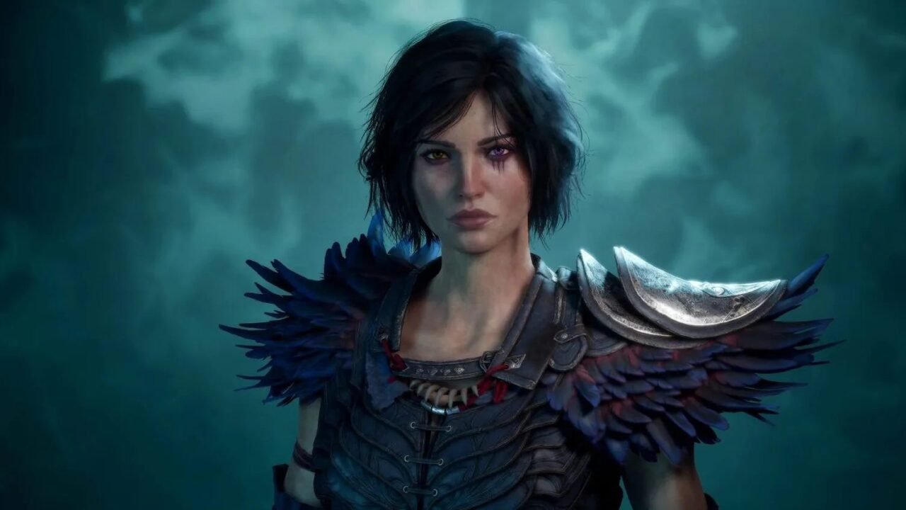 Kaatri usa armadura de penas em imagem de Dungeons & Dragons: Warlock