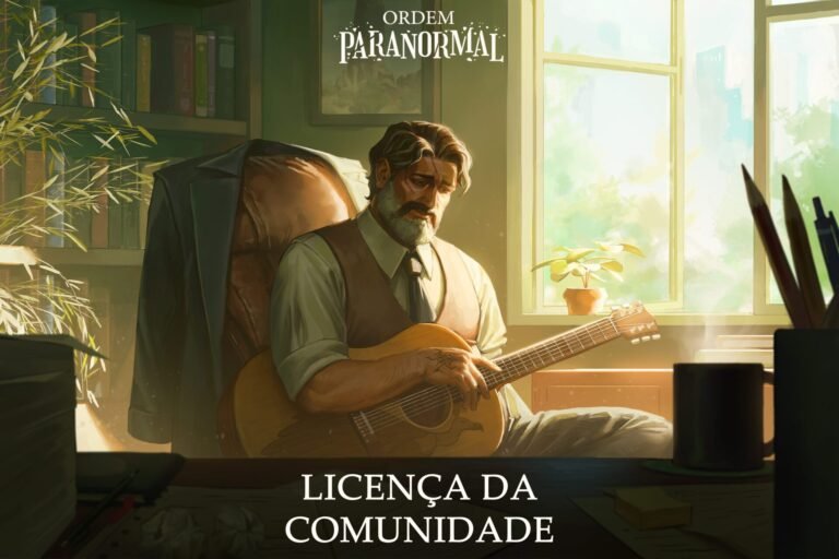 Ilustração de homem barbado com violão em escritório iluminado, com texto sobre Licença da Comunidade de Ordem Paranormal.