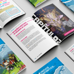 Livros abertos de Mundos Infinitos RPG mostram regras, personagens e ilustrações coloridas