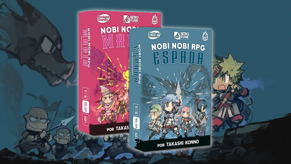 Caixas brasileiras de Nobi Nobi RPG Espada e Magia sobre ilustrações de fantasia