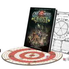Livro, ficha, dados e alvo circular do RPG One More Quest