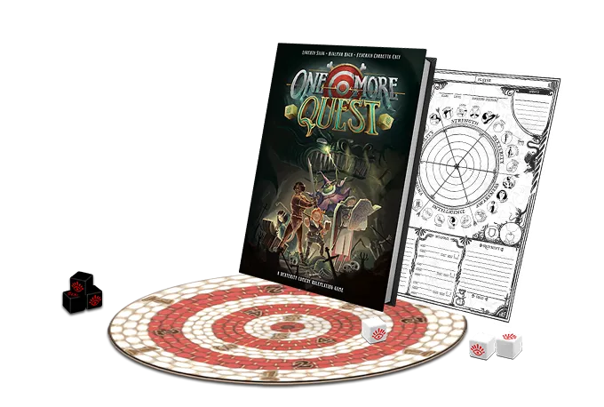 Livro, ficha, dados e alvo circular do RPG One More Quest