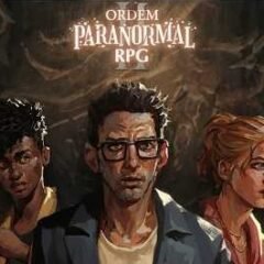 Cinco personagens diante do logotipo de Ordem Paranormal RPG 2 em cenário sombrio