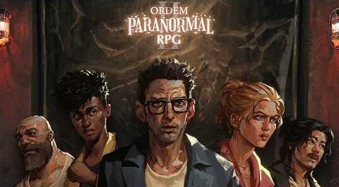 Cinco personagens diante do logotipo de Ordem Paranormal RPG 2 em cenário sombrio