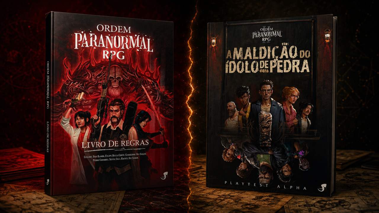 Capas de Ordem Paranormal RPG primeira edição e do Playtest Alpha de Ordem Paranormal RPG 2 lado a lado