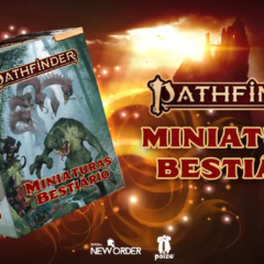 Arte promocional de Pathfinder com caixa Miniaturas do Bestiário e texto da campanha de financiamento coletivo.