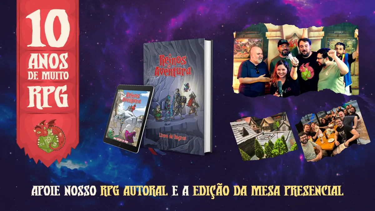 Livro Reinos de Aventura e equipe do RPG Planet em arte da campanha de dez anos