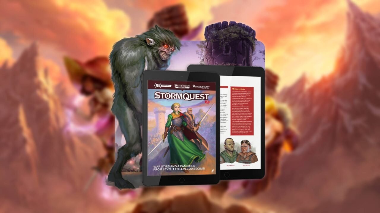 Revista StormQuest exibida em tablets com compatibilidade para D&D, Pathfinder e Daggerhea
