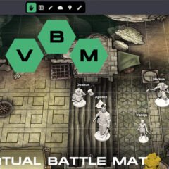 Mesa virtual do VBM com mapa, dragão e miniaturas tridimensionais