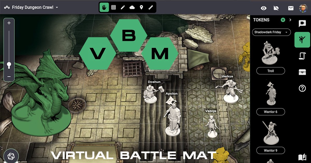 Mesa virtual do VBM com mapa, dragão e miniaturas tridimensionais