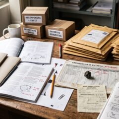 Mesa com livros de RPG, pacotes, caixas de recompensas e cronograma de entrega atrasa