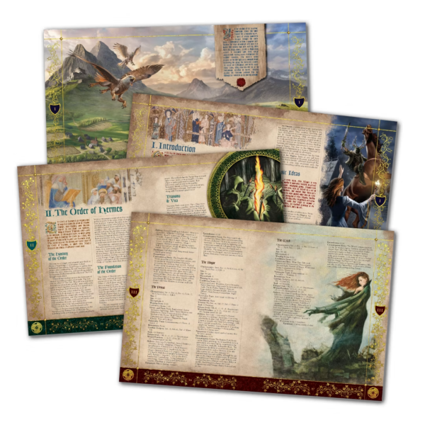 Páginas de Ars Magica Definitive Edition com ilustrações medievais e ornamentos dourados
