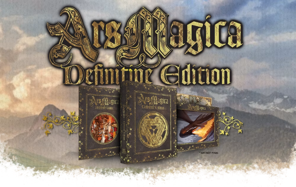 Conjunto de Ars Magica Definitive Edition com livros sobre paisagem da Europa Mítica