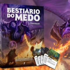 Livro Bestiário do Medo e cartas diante de um dragão roxo cuspindo fogo