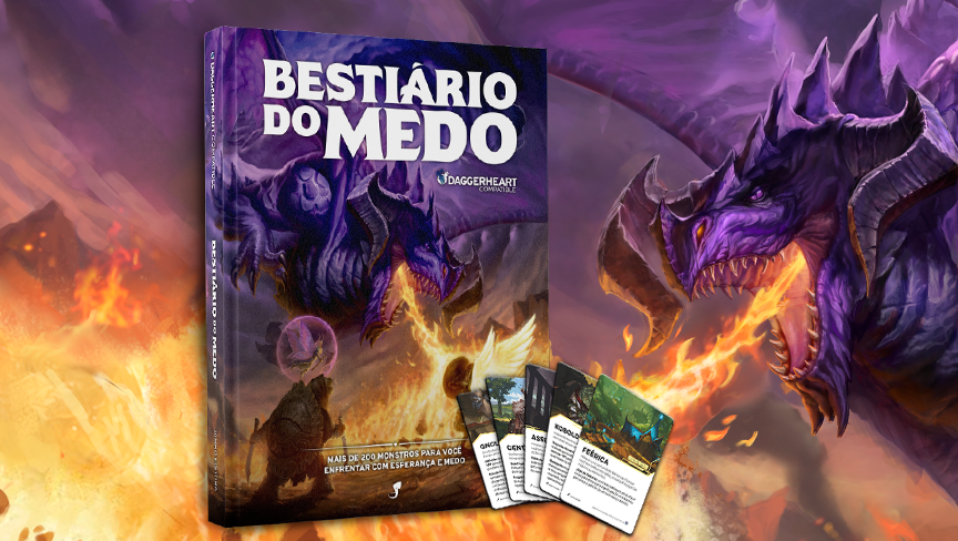 Livro Bestiário do Medo e cartas diante de um dragão roxo cuspindo fogo