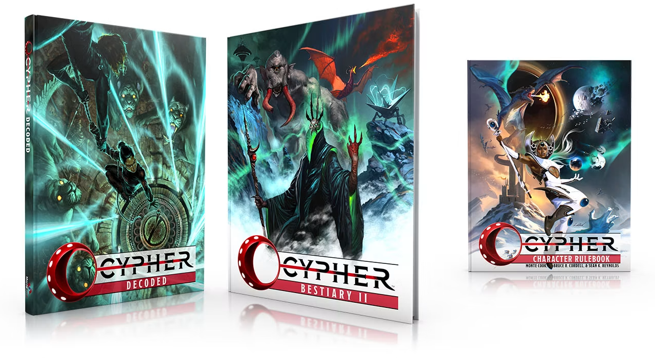Capas de Cypher Decoded, Cypher Bestiary II e Cypher Character Rulebook sobre fundo branco.