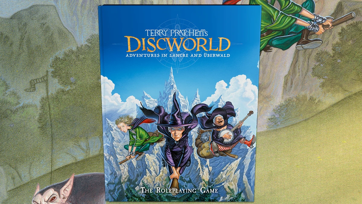 Capa do RPG Discworld Adventures in Lancre and Überwald com três bruxas sobre as montanhas
