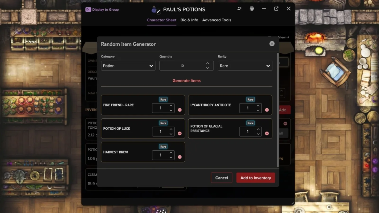 Gerador de poções aberto em uma ficha de loja de D&D no Roll20