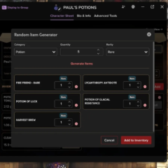 Gerador de poções aberto em uma ficha de loja de D&D no Roll20