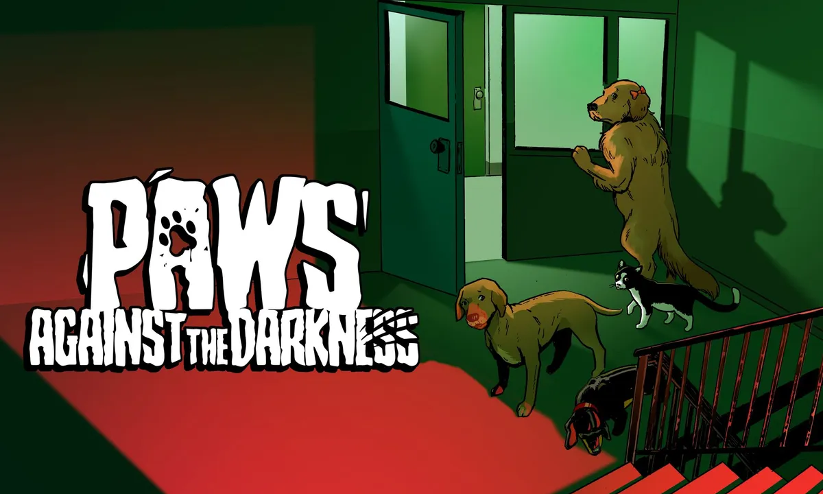 Cães e gato investigam um prédio escuro na arte de Paws Against the Darkness