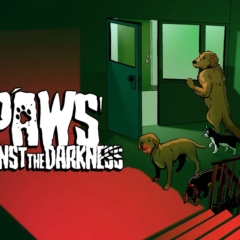 Cães e gato investigam um prédio escuro na arte de Paws Against the Darkness