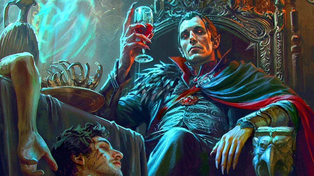 Strahd von Zarovich observa prisioneiros enquanto segura uma taça no Castelo Ravenloft
