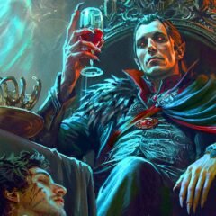 Strahd von Zarovich observa prisioneiros enquanto segura uma taça no Castelo Ravenloft