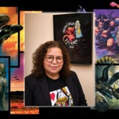 Sabrina Gonzalez diante de artes de GURPS após assumir a direção da Steve Jackson Games