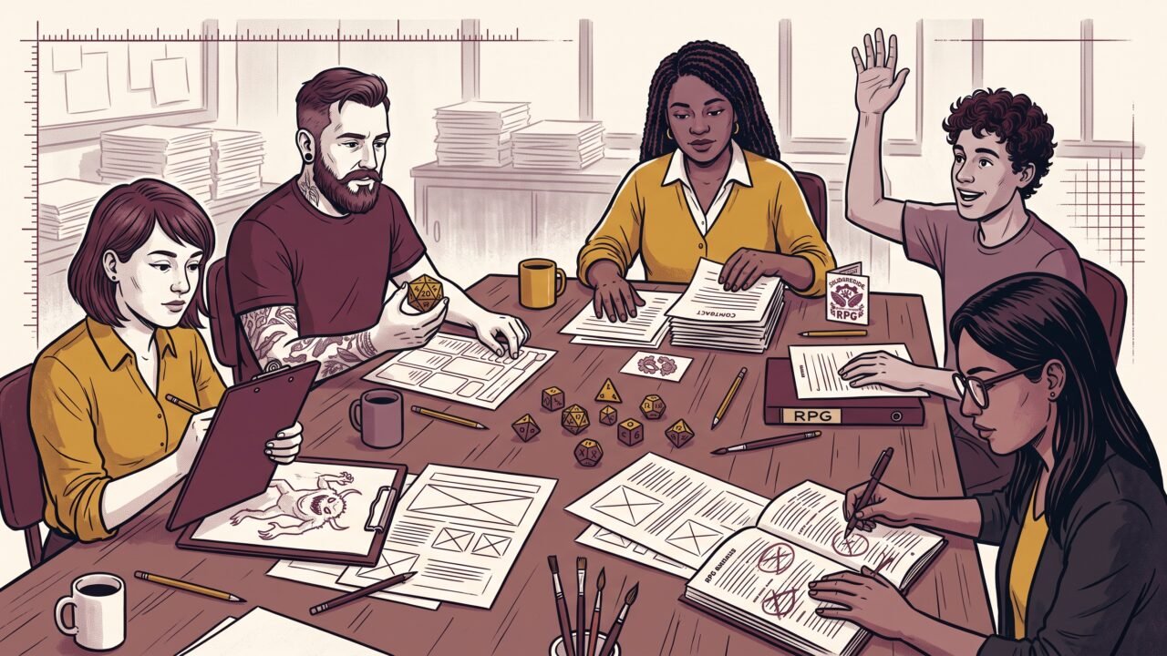 Cinco profissionais de RPG trabalham ao redor de uma mesa com livros, contratos, ilustrações e dados.