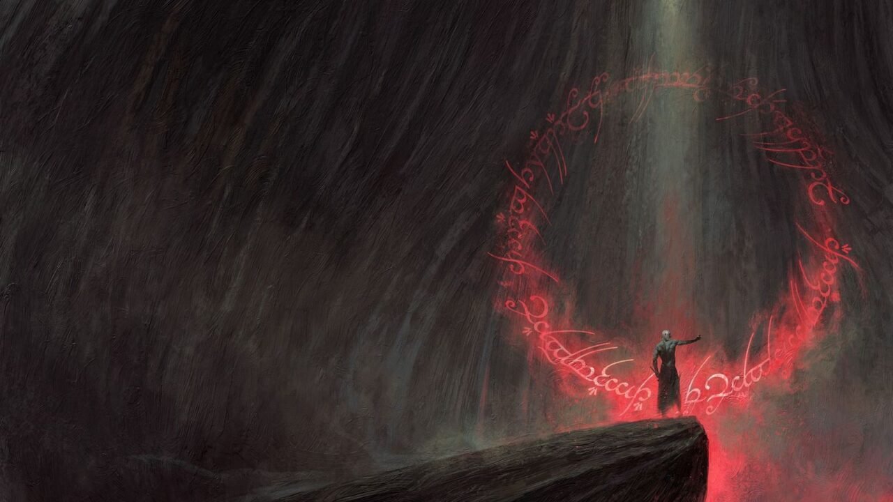 Sauron ergue a mão diante das inscrições flamejantes do Um Anel