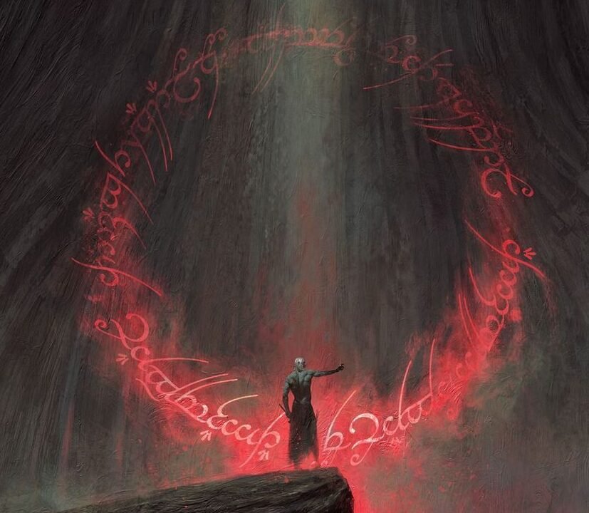 Sauron ergue a mão diante das inscrições flamejantes do Um Anel