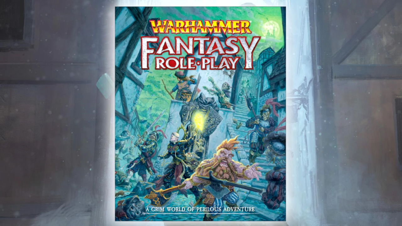 Livro básico de Warhammer Fantasy Roleplay com aventureiros enfrentando inimigos em uma cidade