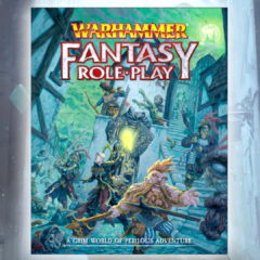 Livro básico de Warhammer Fantasy Roleplay com aventureiros enfrentando inimigos em uma cidade